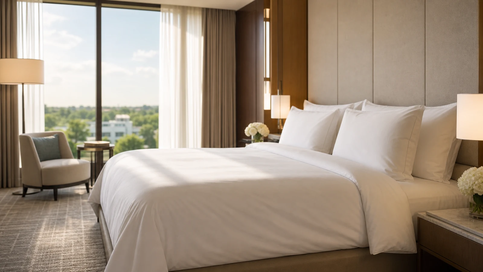 Chambre d'hôtel haut de gamme : lit king size habillé de blanc, matelas à ressorts ensachés et surmatelas moelleux